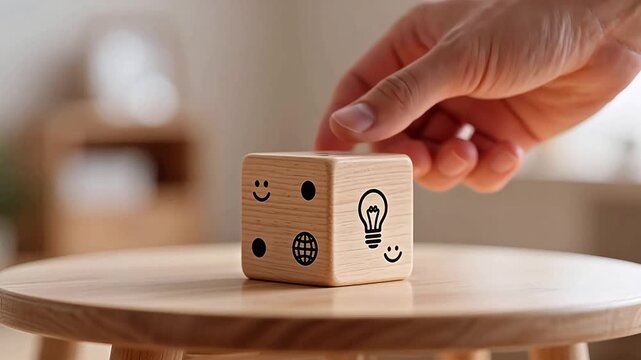 Hand rolling dice with emojis on wooden table