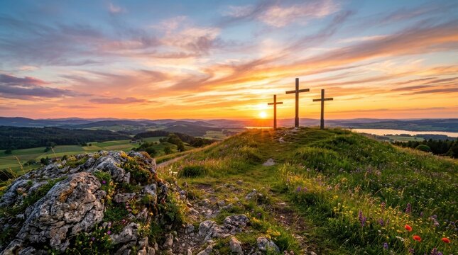 Beautiful landscape three crosses top hill Empty tomb of Jesus Christ with bright light