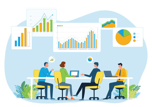 Business Data Analytics  Meeting with Performance Dashboard Reporting and Data Visualization. team working Collaboration with Flat Vector Illustration
