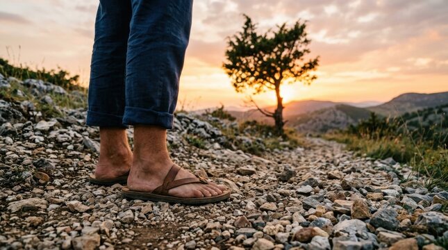 Person feet standing rocky ground small Man stands barefoot before a burning bush, with sandals