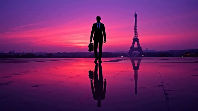 Silhouette with briefcase before eiffel tower