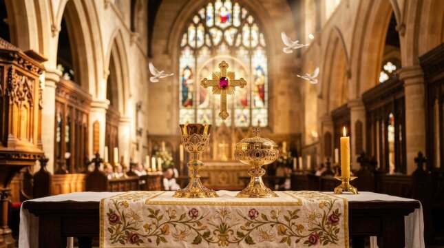 Golden chalice ciborium table church is with ruby cross on altar in church, doves