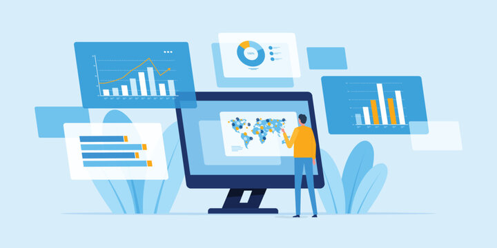 Business Analytics Dashboard with Data Visualization and Performance Monitoring with business man working Flat Vector Illustration