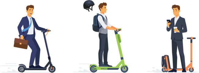 Businessmen commuting on electric scooters urban transport vector characters set © Hossain