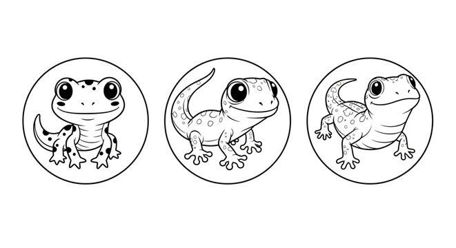 Cute cartoon gecko with big eyes and spots, illustration for kids, simple line art in circle