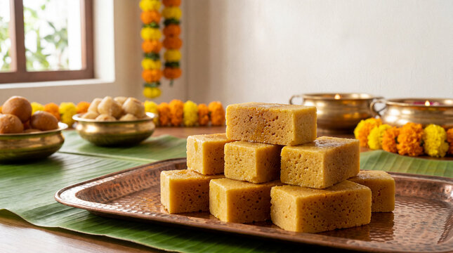 Delicious Mysore Pak stacked on a banana leaf, festive decorations in background