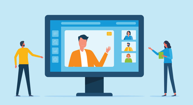 busoness Online Video Conference Meeting with Team Collaboration working Flat Vector Illustration