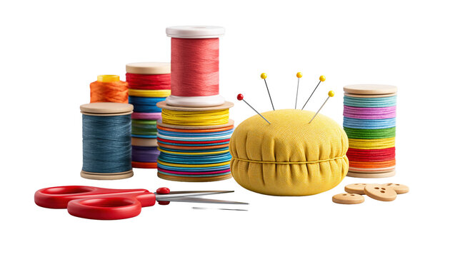Sewing notions with spools of thread and pin cushion on transparent