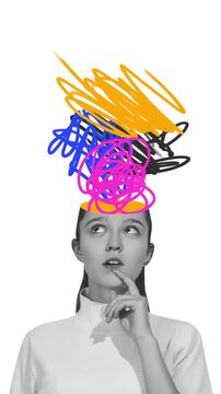 Stop motion young girl portrait with chaotic colorful thought scribbles. Concept of overthinking, learning stress, imagination, mental health, and visual communication.