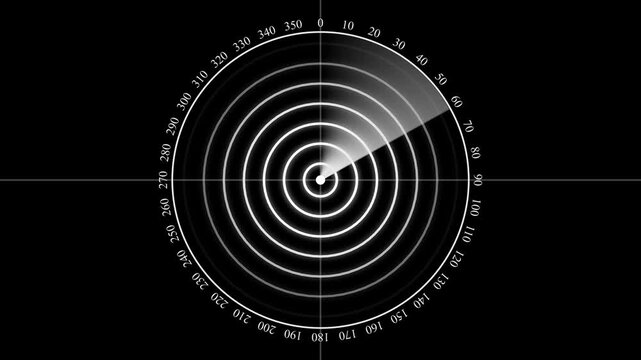 Digital radar screen scanning loop, futuristic sonar interface animation with rotating sweep and circular grid for military and tech projects