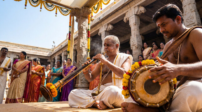 Traditional South Indian musicians playing Nadaswaram and Mridangam in a temple