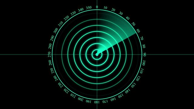 Digital radar screen hud animation, scanning circular interface with rotating sweep line for military, aviation, and technology concepts