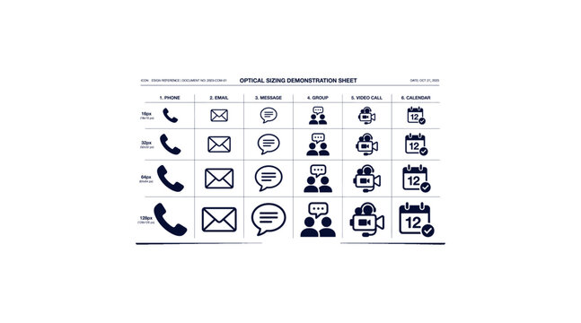 Communication icon optical sizing demonstration sheet 16 to 128px