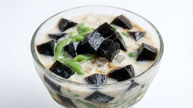 Sweet grass jelly dessert with green pandan noodles and coconut milk