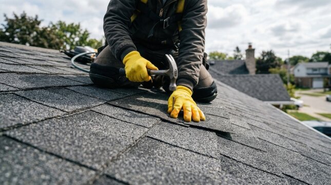 Person hands wearing yellow gloves working Roofer repairs damaged roof