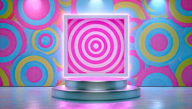 Illuminated target on stage amidst colorful, retro-style circles