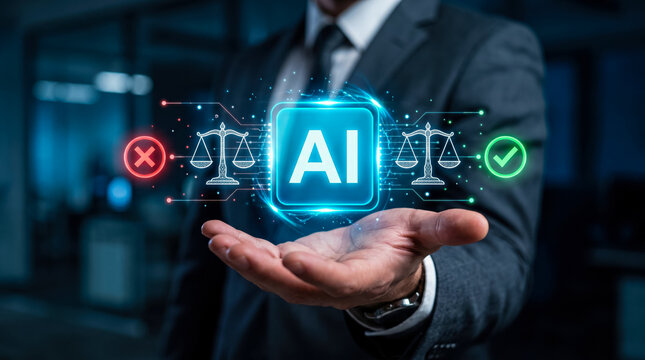 Professional holding AI hologram symbolizing legal verification and compliance with digital technology