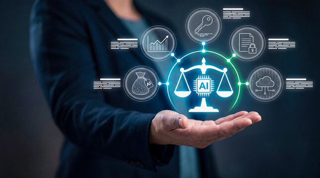 Professional hand holding holographic AI balance scale with finance, security, and cloud icons representing digital asset management