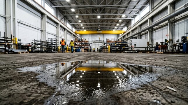 Large warehouse industrial space concrete floor with a smooth, glossy finish, reflecting overhead lights