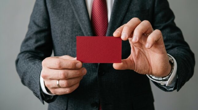 Close-up man hand holding red business Professional businessman in a classic gray suit with bright