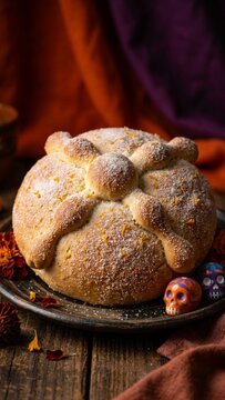 Pan de muerto sweet bread on rustic table for Day of the Dead celebration