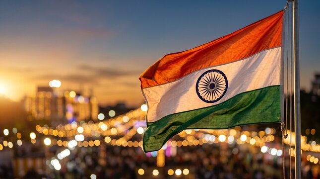 The vibrant tricolor flag of India fluttering gracefully in the wind against a blurred background of city night lights and glowing golden bokeh