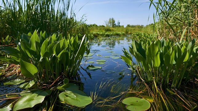 A tranquil marshland scene featuring lush green aquatic plants and lily pads floating on calm water under bright sunlight