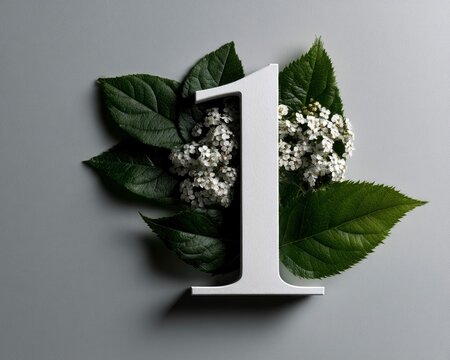 Number one white digit with fresh green leaf and white blossom on grey surface in flat lay macro photography for achievement marketing