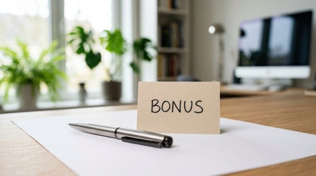 Desk pen small card word "bonus" A golden opportunity knocks with bonus card, promising rewards