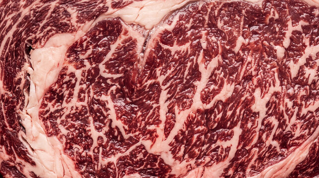 Closeup of premium marbled wagyu beef steak showcasing intricate fat patterns and rich red meat texture
