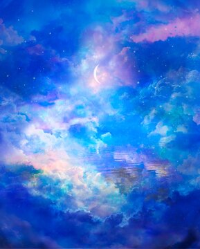 オーロラ色の空と降り注ぐ月光のスピリチュアルな背景画