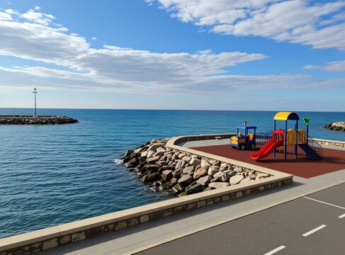 Children playground with plastic slide, train toy on stone pier by sea. Sunny day at Ugento waterfront with rocky shoreline, promenade. Empty recreational park zone near blue ocean water in Italy.