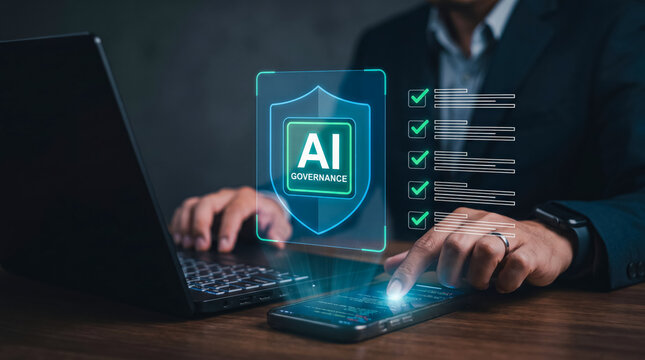 Professional using AI governance tools on laptop and smartphone with security compliance checklist
