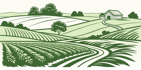 Aerial view of green agricultural fields with farm equipment and rural house farmland green fields tractor © Gf