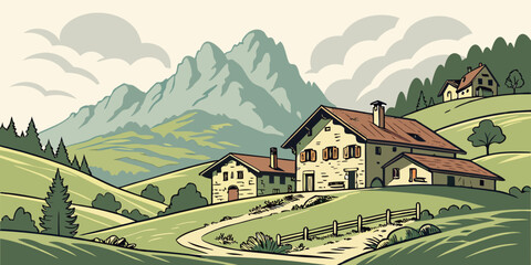Rustic wooden houses in green mountain valley with snow-capped peaks mountain village green valley rural architecture © Gf