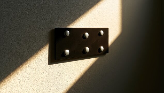 Rectangular metal plate with six raised dots on textured wall with light