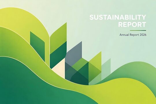 Abstract green fluid wave background with leaf shapes for corporate sustainability report template