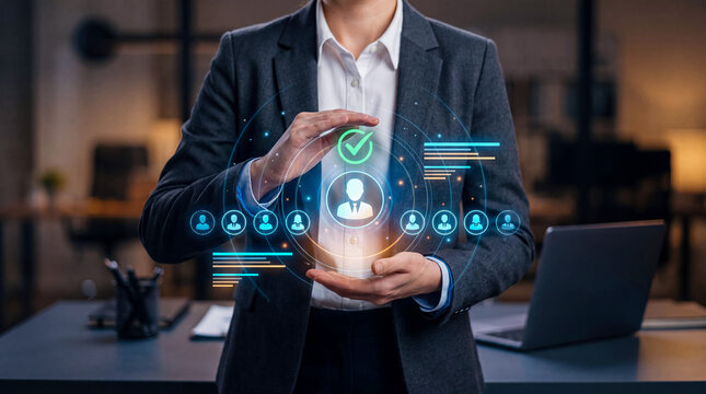 Professional using holographic dashboard for HR management and employee verification in modern office