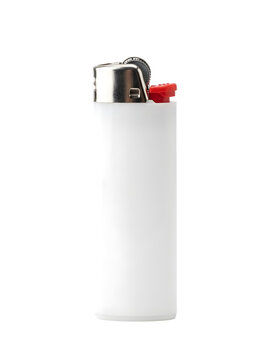 A single white plastic cigarette lighter with a metal top and a red button isolated on transparent background