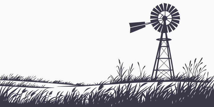 Silhouette of a windmill against a rural field under a starry sky grass stars