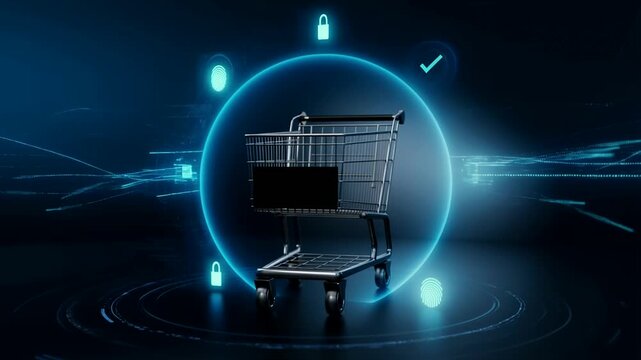 futuristic digital shopping concept with illuminated shopping cart surrounded by glowing blue holographic security and technology icons on dark background