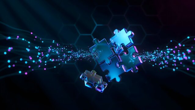 Holographic puzzle pieces assembling from particles &ndash; Ideal for data recovery services, artificial intelligence development, or tech start-ups.
