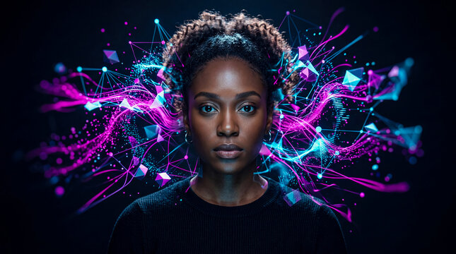 Professional woman surrounded by futuristic digital network connections symbolizing innovation and technology