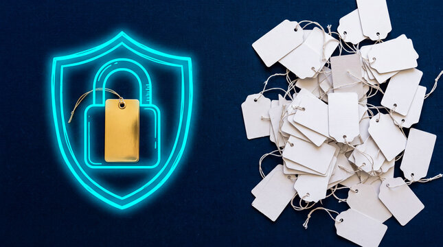 Secure RFID tag with padlock inside illuminated shield symbolizing data protection and asset tracking