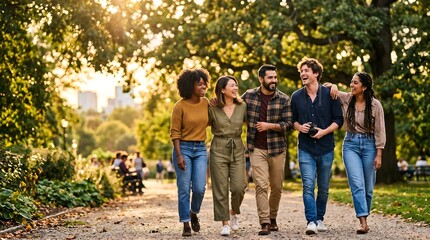 Fototapeta premium Diverse group of happy friends laughing while walking through a scenic green city park during sunset