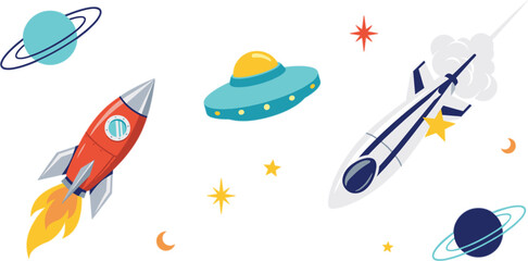Outer space rocket ship and ufo exploration vector set © Hossain