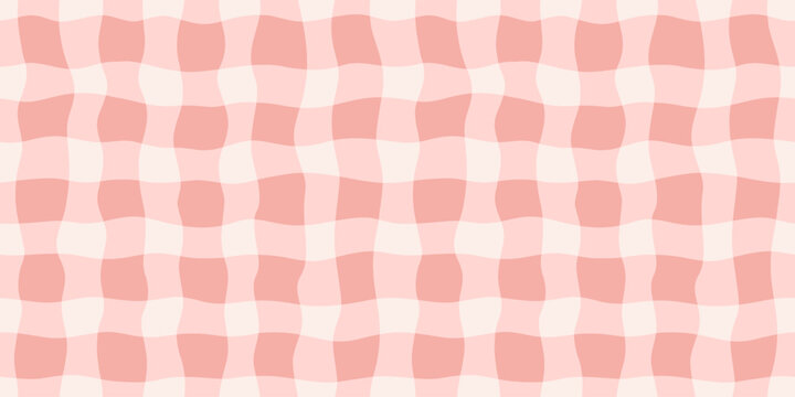 Wavy Gingham Seamless Pattern. Vector Watercolor Baby Cross Stripe. Soft Pink Pastel Check Background For Textile, Wallpaper, Packaging And Graphic Design