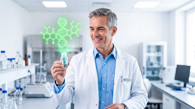 Smiling scientist holding vial with holographic DNA molecule in modern laboratory