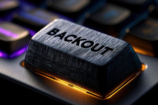 Backout keycap illuminated on mechanical keyboard with sharp macro focus and cinematic lighting for software engineering and it security marketing
