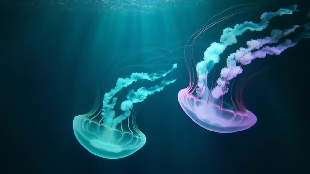 Bioluminescent Jellyfish Drifting Through Deep Ocean Light Shafts
